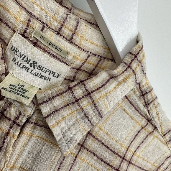 Denim and Supply Button Up Shirt RL Tomboy Casual Ivory Plaid Size Large - Picture 5 of 8